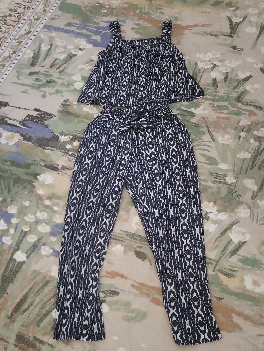 Navy and White Printed Sleeveless Jumpsuit with Tie Waist